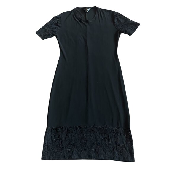 KamaliKulture Black Stretch Dress Lace Trim Short Sleeve Size Large Women's - Picture 1 of 12